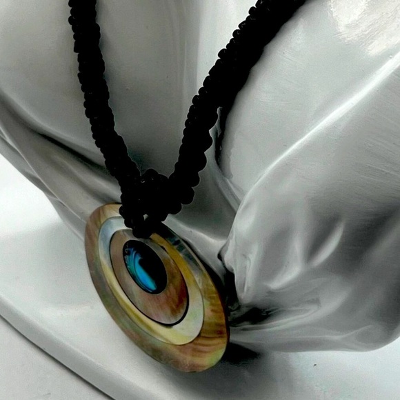 Handmade Black Beaded Necklace With Abalone Shell Pendant.  A34 - Picture 4 of 7